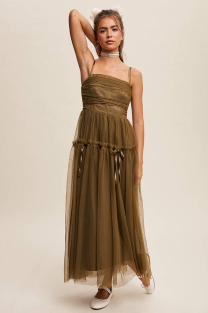 Ruched Tulle Ribbon Detail Midi Dress: Olive / S - ivyandlavyboutique Listicle