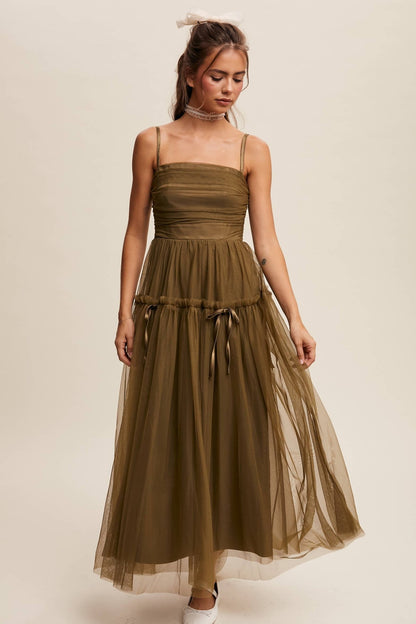 Ruched Tulle Ribbon Detail Midi Dress: Olive / S - ivyandlavyboutique Listicle