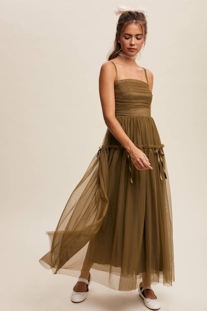 Ruched Tulle Ribbon Detail Midi Dress: Olive / S - ivyandlavyboutique Listicle