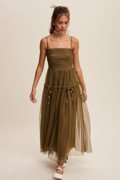 Ruched Tulle Ribbon Detail Midi Dress: Olive / S - ivyandlavyboutique Listicle