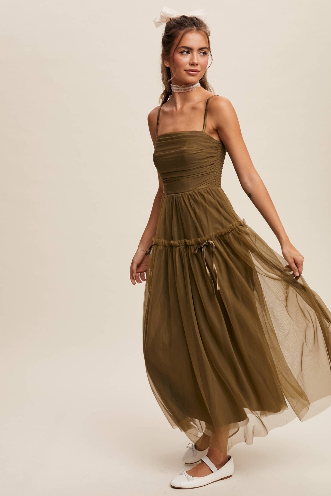Ruched Tulle Ribbon Detail Midi Dress: Olive / S - ivyandlavyboutique Listicle