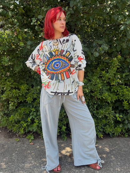 Ruched Wide-leg French Terry Sweatpants in Denim Blue - ivyandlavyboutique Blue Velvet