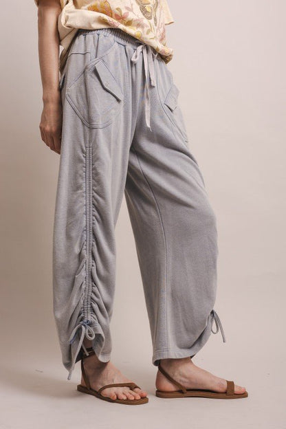 Ruched Wide-leg French Terry Sweatpants in Denim Blue - ivyandlavyboutique Blue Velvet