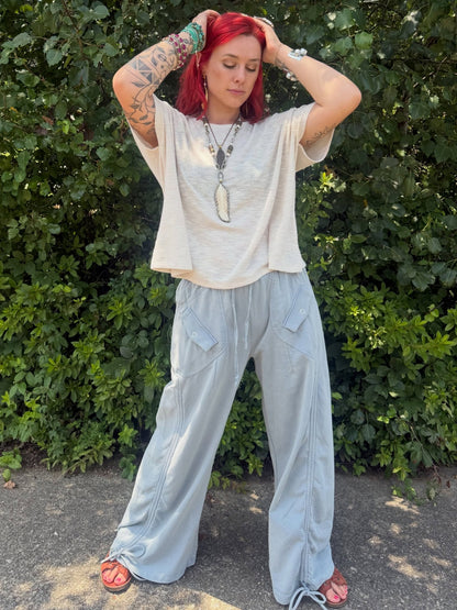 Ruched Wide-leg French Terry Sweatpants in Denim Blue - ivyandlavyboutique Blue Velvet