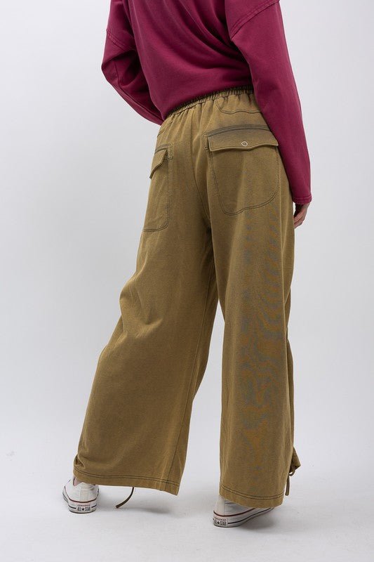 Ruched Wide-leg French Terry Sweatpants in Olive - ivyandlavyboutique Blue Velvet
