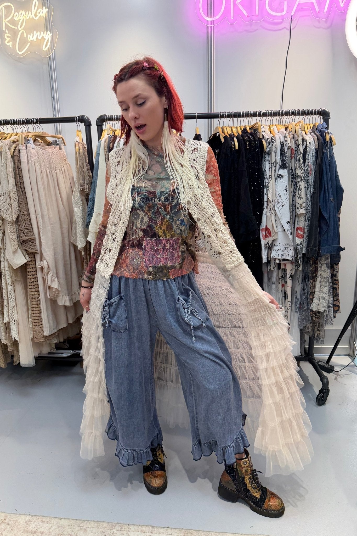 Ruffle Bottom Vest - ivyandlavyboutique Origami Apparel ~ Lace and Crochet inspired