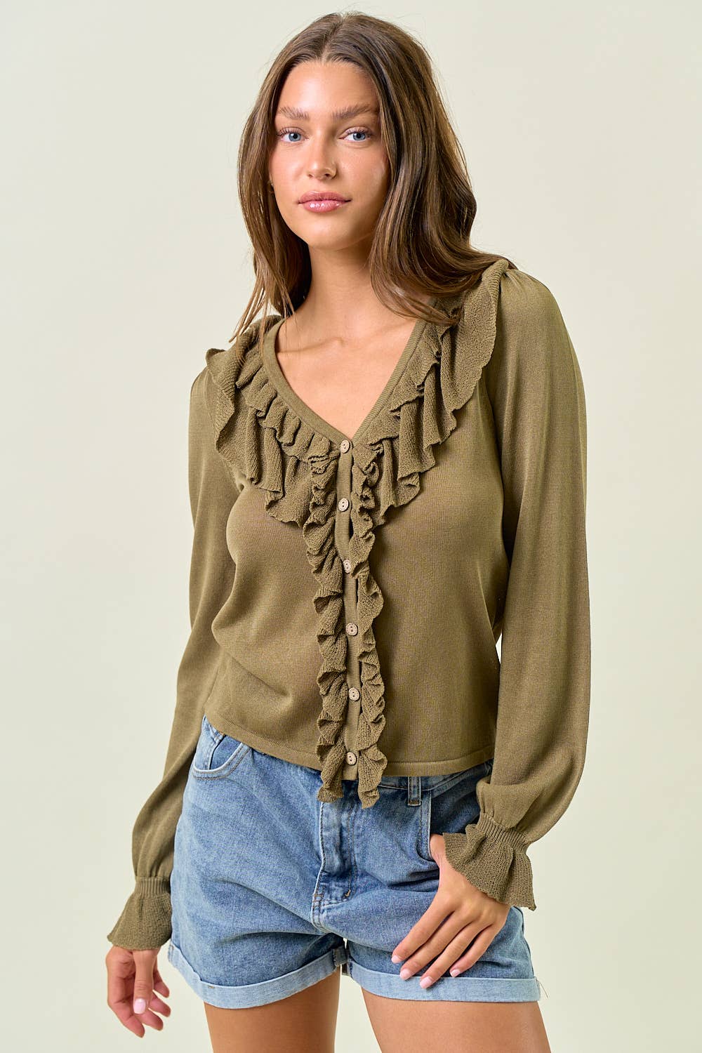 RUFFLE CONTRAST FINE GAUGE BUTTON FRONT TOP - ivyandlavyboutique Doe and Rae