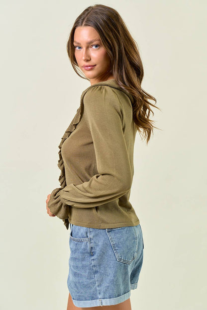 RUFFLE CONTRAST FINE GAUGE BUTTON FRONT TOP - ivyandlavyboutique Doe and Rae