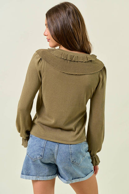 RUFFLE CONTRAST FINE GAUGE BUTTON FRONT TOP - ivyandlavyboutique Doe and Rae