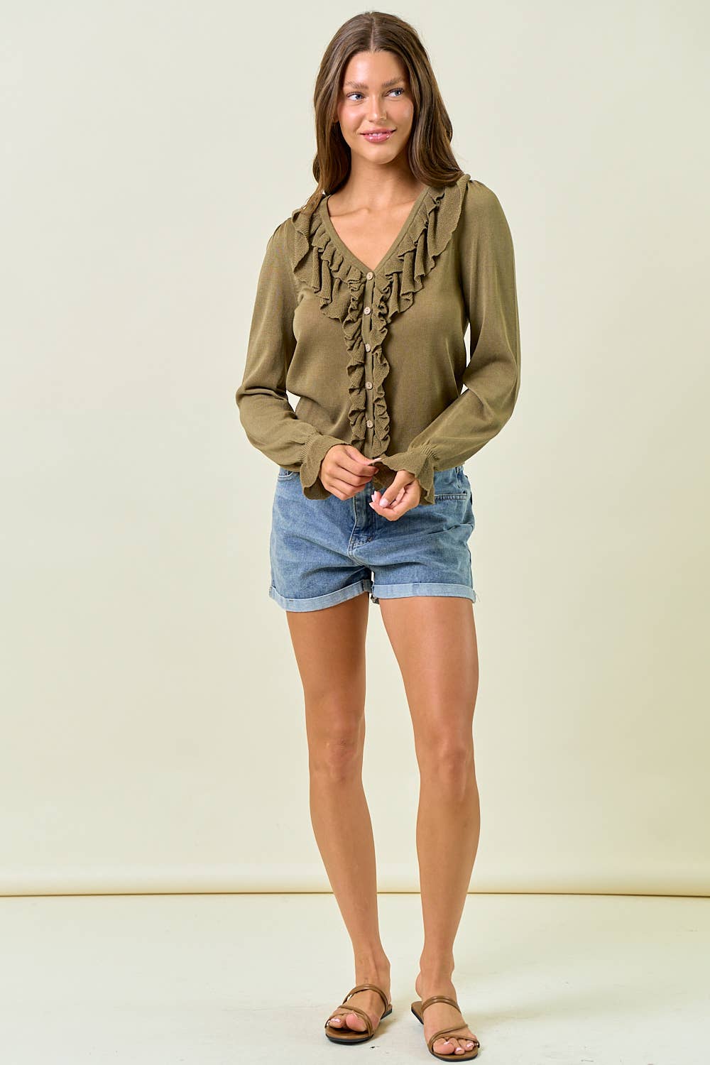 RUFFLE CONTRAST FINE GAUGE BUTTON FRONT TOP - ivyandlavyboutique Doe and Rae