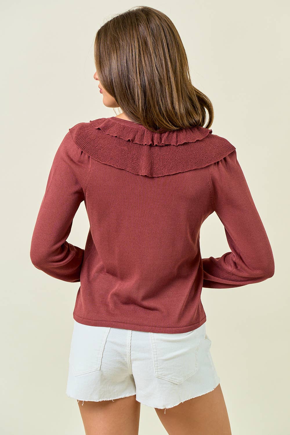 RUFFLE CONTRAST FINE GAUGE BUTTON FRONT TOP - ivyandlavyboutique Doe and Rae