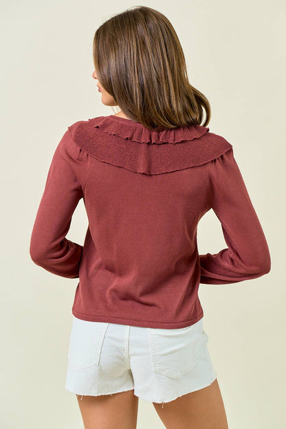 RUFFLE CONTRAST FINE GAUGE BUTTON FRONT TOP - ivyandlavyboutique Doe and Rae