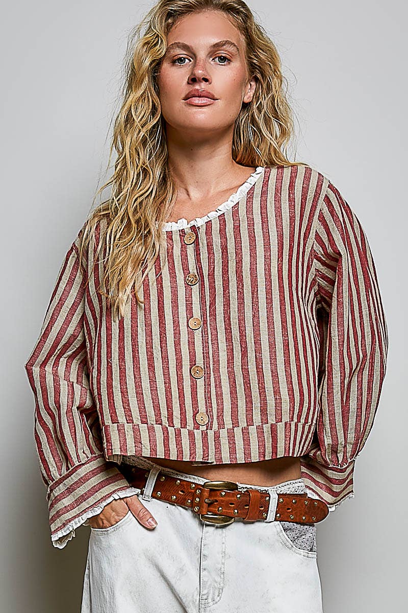 Ruffle Striped Pattern Wood Button Down Cotton Jacket Top - ivyandlavyboutique Pol Clothing