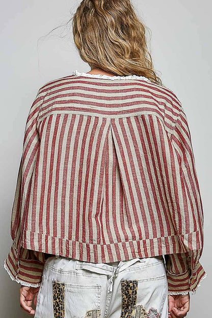 Ruffle Striped Pattern Wood Button Down Cotton Jacket Top - ivyandlavyboutique Pol Clothing
