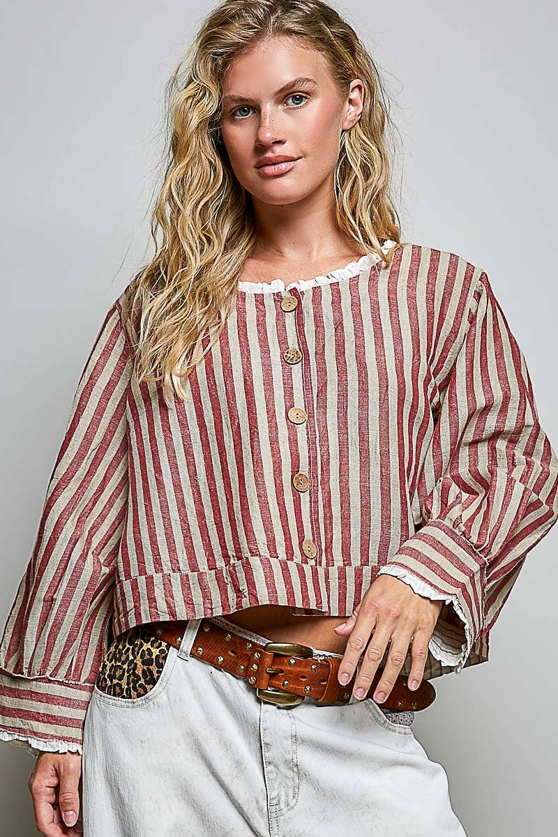 Ruffle Striped Pattern Wood Button Down Cotton Jacket Top - ivyandlavyboutique Pol Clothing