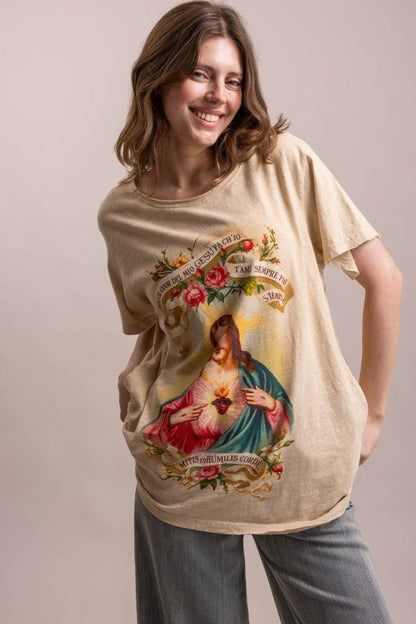 Sacred Heart Of Jesus Print Short Sleeve Shirt - Boho Wanderlust Boutique Blue Velvet