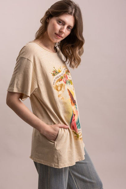 Sacred Heart Of Jesus Print Short Sleeve Shirt - Boho Wanderlust Boutique Blue Velvet