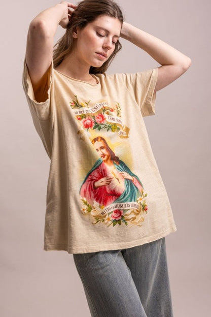 Sacred Heart Of Jesus Print Short Sleeve Shirt - Boho Wanderlust Boutique Blue Velvet