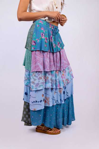 Sage & Sky Patchwork Tiered Ruffel Skirt - ivyandlavyboutique Sacred Threads