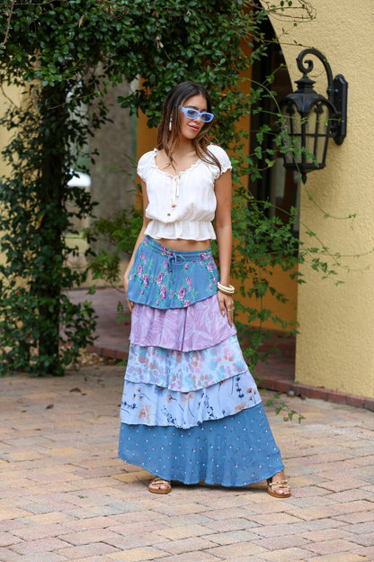 Sage & Sky Patchwork Tiered Ruffel Skirt - ivyandlavyboutique Sacred Threads