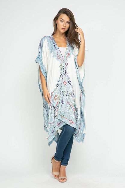 Sale - Tatiana White Blue Thick Stitch Kimono Short Sleeve - ivyandlavyboutique Raj Trading & Imports (USA) Inc.