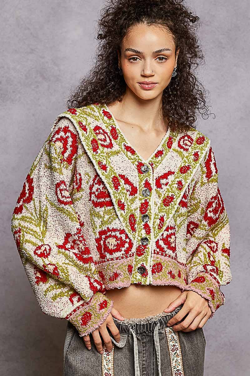 Sale - V - neck ruffles point floral Beber sweater cardigan top: IVORY MULTI / S - ivyandlavyboutique Pol Clothing