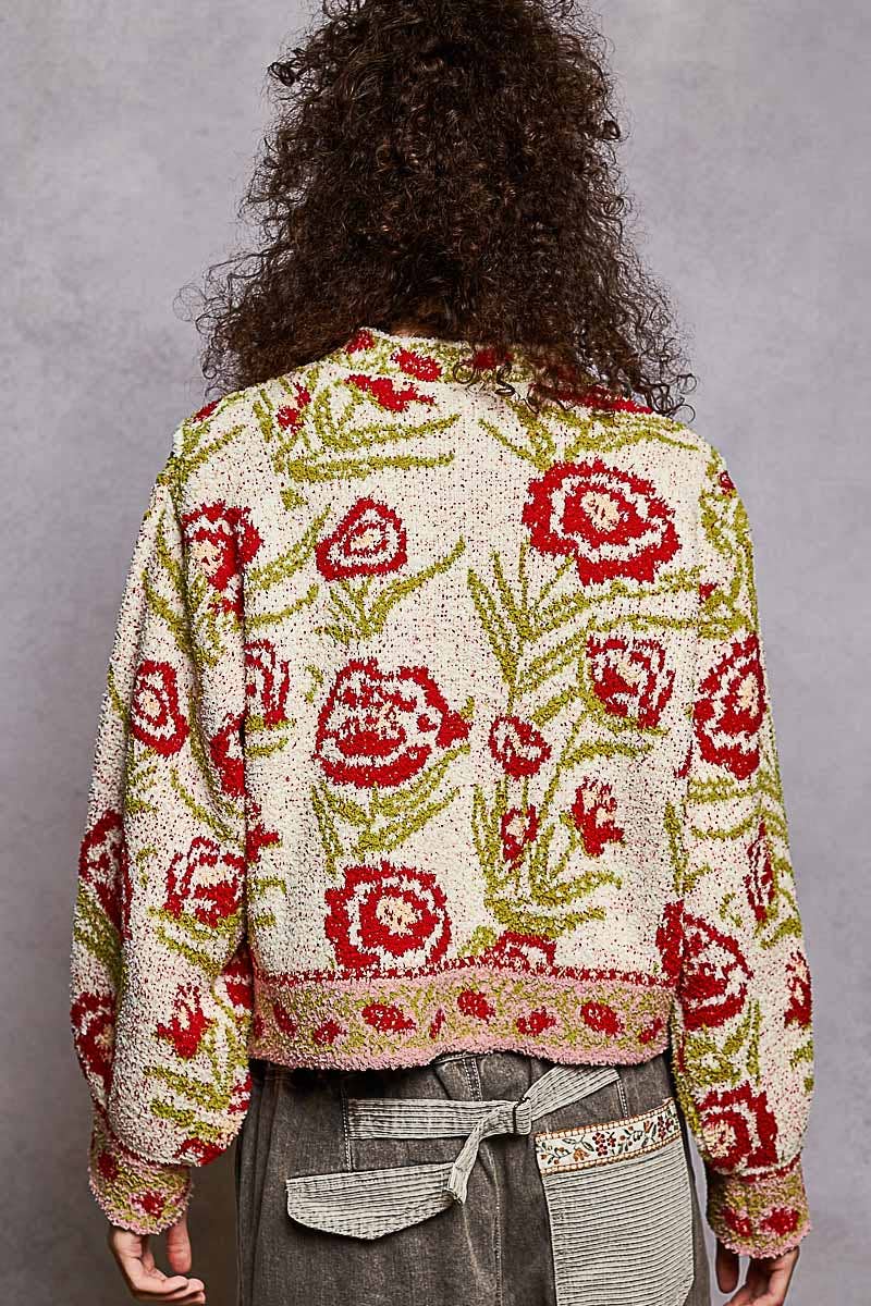 Sale - V - neck ruffles point floral Beber sweater cardigan top: IVORY MULTI / S - ivyandlavyboutique Pol Clothing