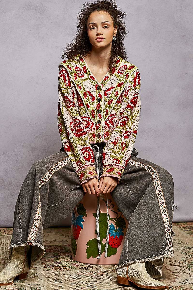 Sale - V - neck ruffles point floral Beber sweater cardigan top: IVORY MULTI / S - ivyandlavyboutique Pol Clothing