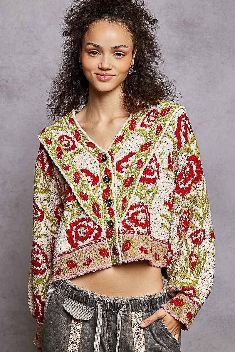 Sale - V - neck ruffles point floral Beber sweater cardigan top: IVORY MULTI / S - ivyandlavyboutique Pol Clothing