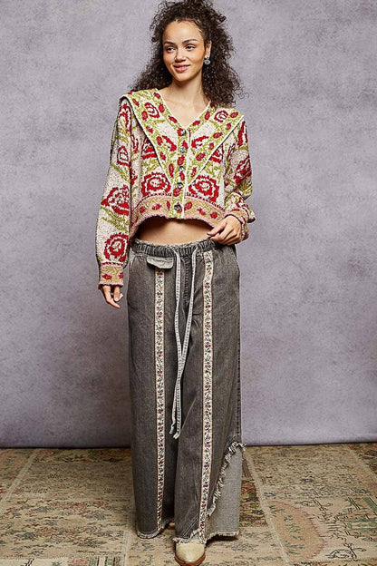 Sale - V - neck ruffles point floral Beber sweater cardigan top: IVORY MULTI / S - ivyandlavyboutique Pol Clothing