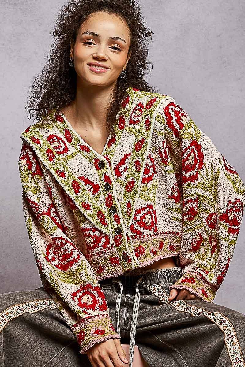 Sale - V - neck ruffles point floral Beber sweater cardigan top: IVORY MULTI / S - ivyandlavyboutique Pol Clothing