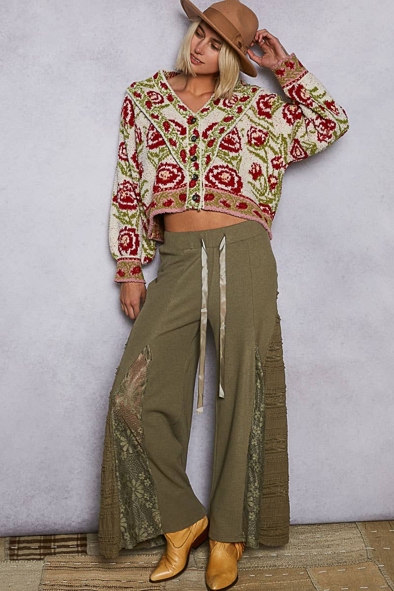 Sale - V - neck ruffles point floral Beber sweater cardigan top: IVORY MULTI / S - ivyandlavyboutique Pol Clothing