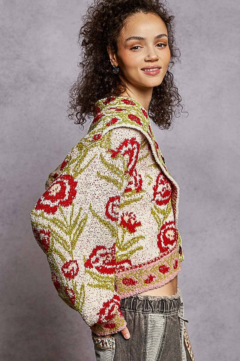 Sale - V - neck ruffles point floral Beber sweater cardigan top: IVORY MULTI / S - ivyandlavyboutique Pol Clothing
