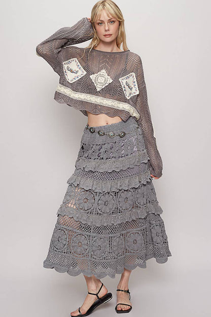 Sandy Toes Crochet Lace Ruffle Midi Skirt - ivyandlavyboutique Pol Clothing