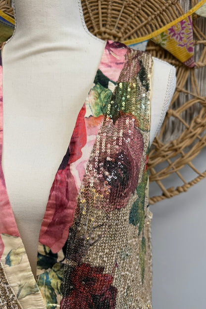 SATIN TRIMMED ALL SEQUIN LONG VEST - ivyandlavyboutique Origami Apparel ~ Lace and Crochet inspired