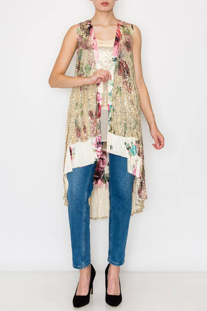 SATIN TRIMMED ALL SEQUIN LONG VEST - ivyandlavyboutique Origami Apparel ~ Lace and Crochet inspired