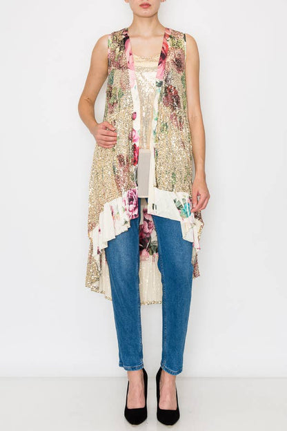 SATIN TRIMMED ALL SEQUIN LONG VEST - ivyandlavyboutique Origami Apparel ~ Lace and Crochet inspired