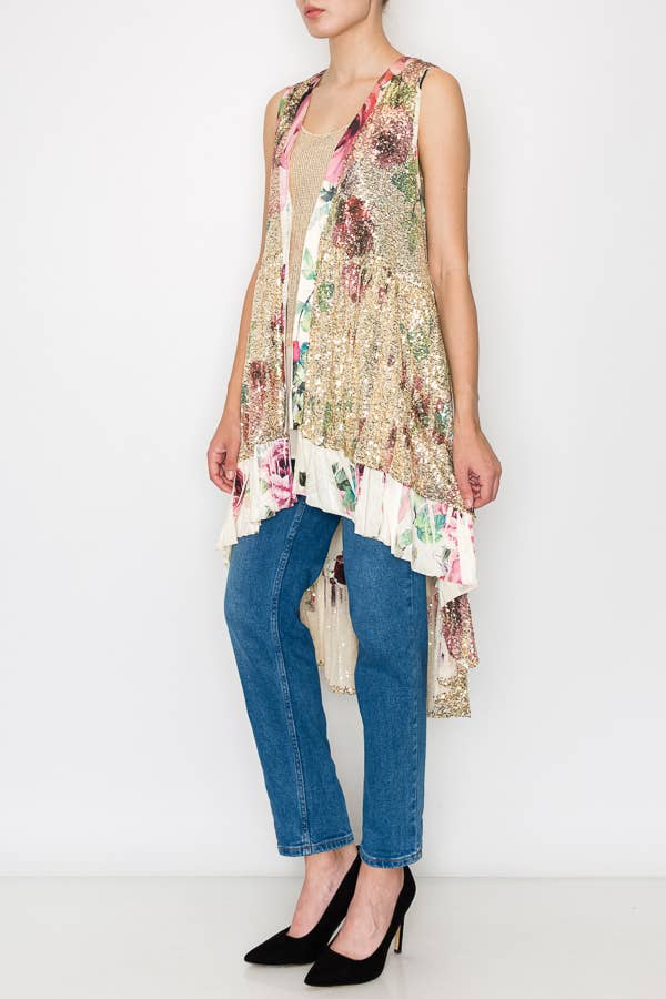 SATIN TRIMMED ALL SEQUIN LONG VEST - ivyandlavyboutique Origami Apparel ~ Lace and Crochet inspired