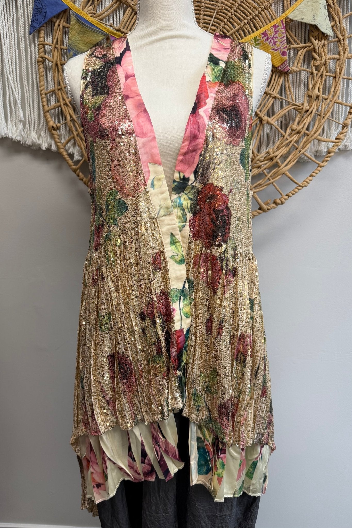 SATIN TRIMMED ALL SEQUIN LONG VEST - ivyandlavyboutique Origami Apparel ~ Lace and Crochet inspired