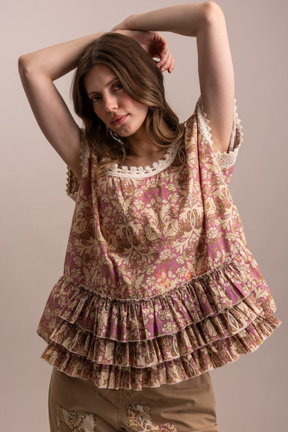 Selena Floral Ruffle Hem Blouse Floral Ruffle Hem Blouse - ivyandlavyboutique Blue Velvet
