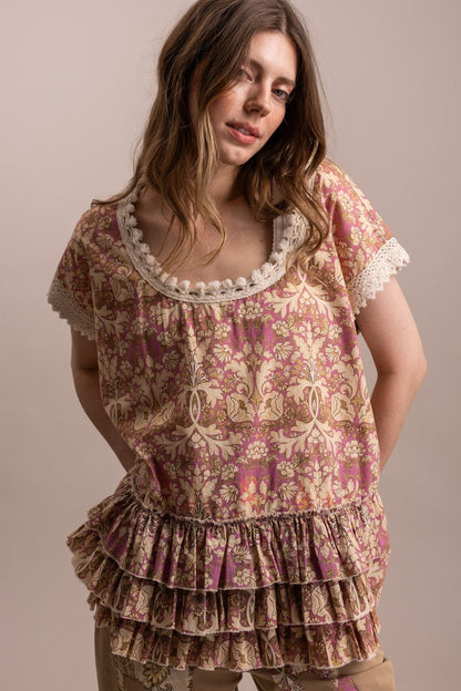 Selena Floral Ruffle Hem Blouse Floral Ruffle Hem Blouse - ivyandlavyboutique Blue Velvet