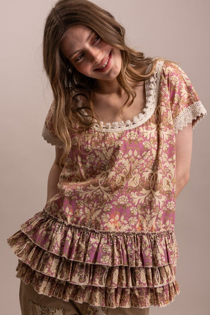 Selena Floral Ruffle Hem Blouse Floral Ruffle Hem Blouse - ivyandlavyboutique Blue Velvet