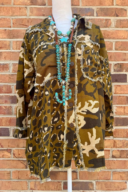 Shacket with Leopard/Camo & Geronimo Patchwork on Back - ivyandlavyboutique LeParisPetit by I Love Linen