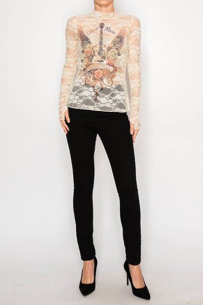 Sheer Flower Lace Mesh Long Sleeve Top CITY OF MUSIC - ivyandlavyboutique Origami Apparel ~ Lace and Crochet inspired