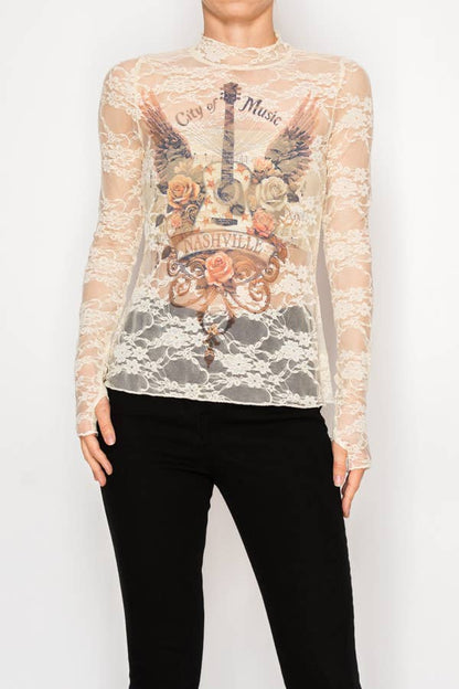 Sheer Flower Lace Mesh Long Sleeve Top CITY OF MUSIC - ivyandlavyboutique Origami Apparel ~ Lace and Crochet inspired