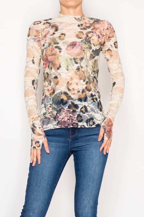 Sheer Flower Lace Mesh Long Sleeve Top LEO - ivyandlavyboutique Origami Apparel ~ Lace and Crochet inspired