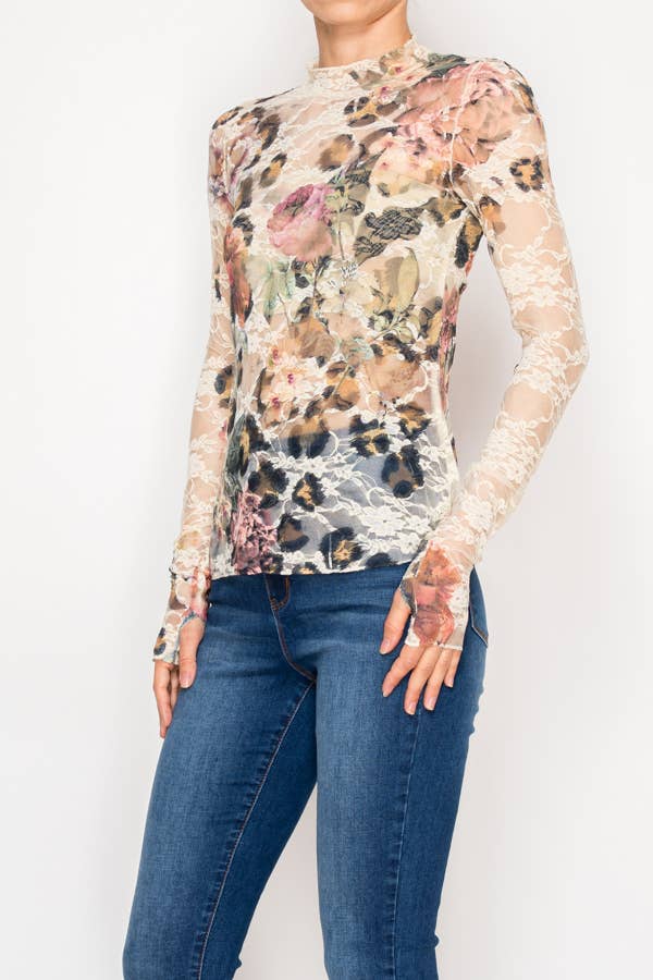 Sheer Flower Lace Mesh Long Sleeve Top LEO - ivyandlavyboutique Origami Apparel ~ Lace and Crochet inspired