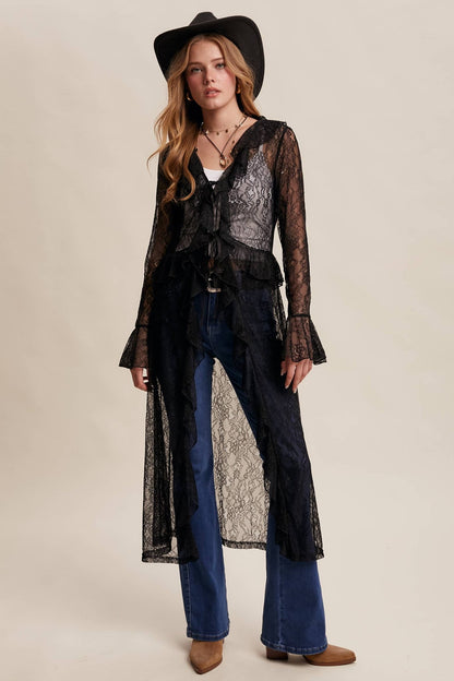 Sheer Lace Ruffle Duster in Black - ivyandlavyboutique Listicle