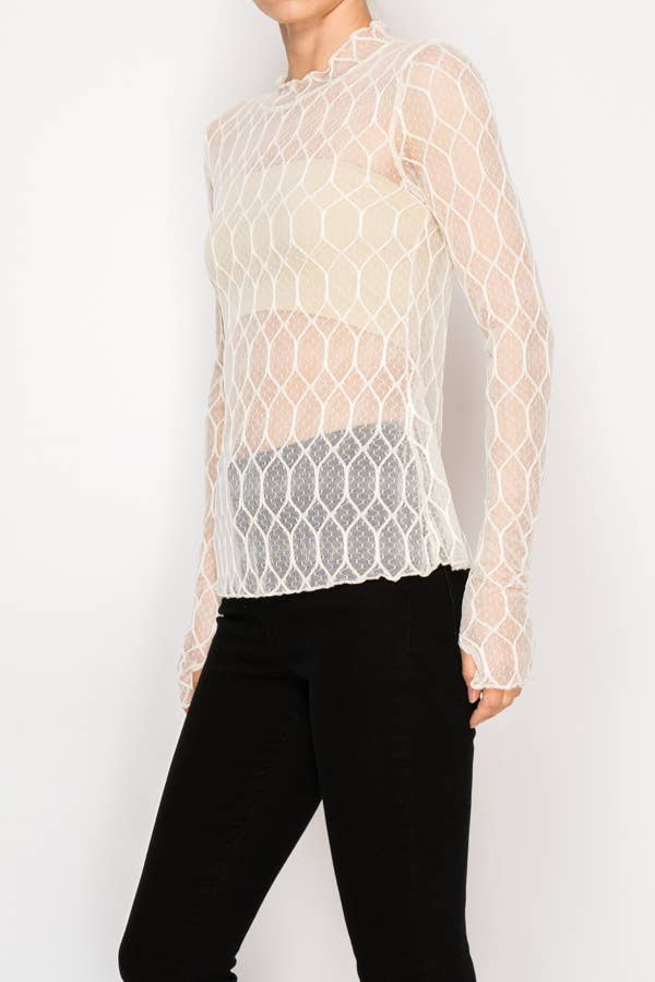 Sheer Lattice Mesh Long Sleeve Blouse - ivyandlavyboutique Origami Apparel ~ Lace and Crochet inspired