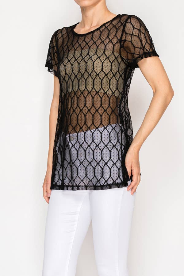Sheer Lattice Mesh Short Sleeve Blouse - ivyandlavyboutique Origami Apparel ~ Lace and Crochet inspired